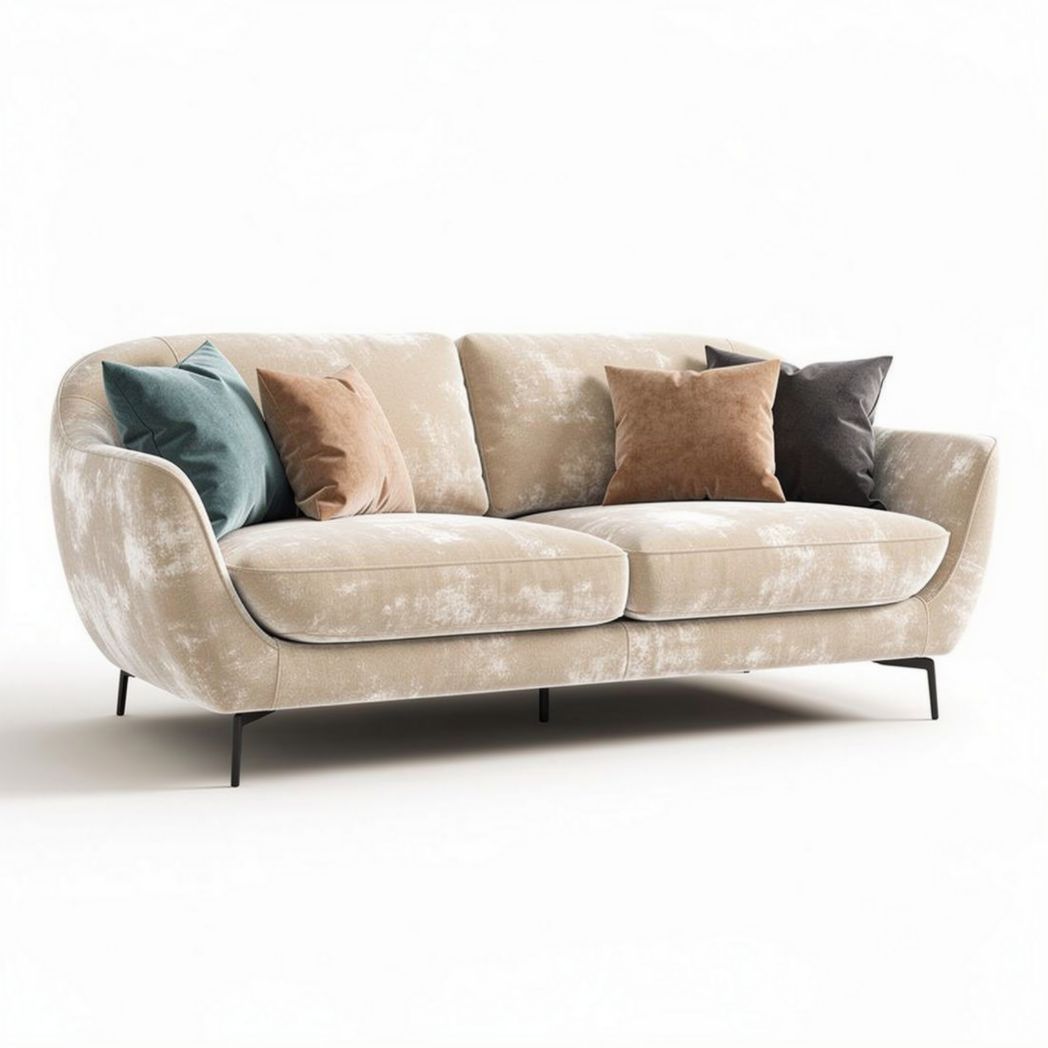 Fabric sofa with removable cushions and metal legs in beige color