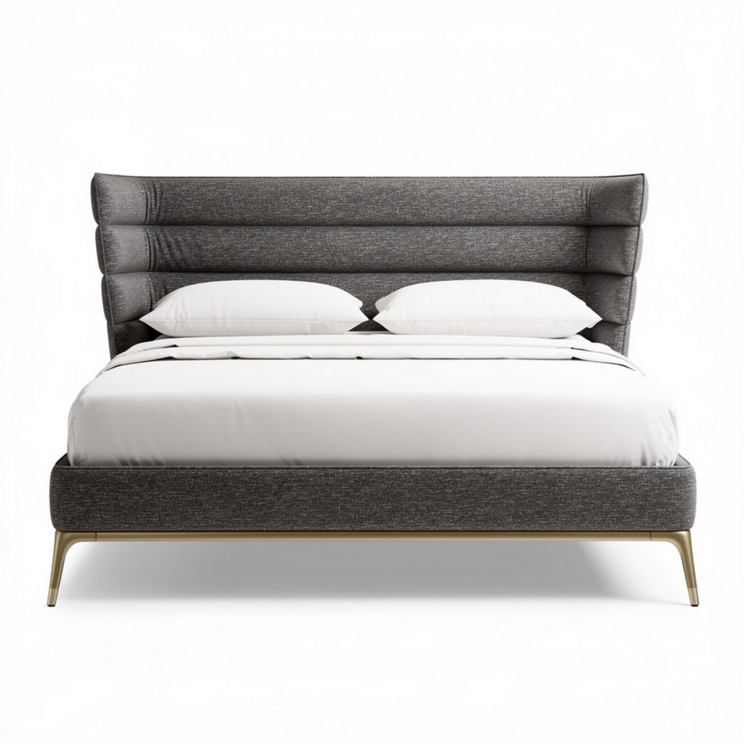 Upholstered bed frame with headboard in grey fabric size 200 x 180 x 120cm