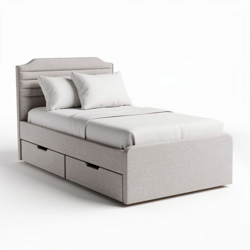 Upholstered twin bed frame with storage drawers in light gray fabric 190 x 100 x 90cm