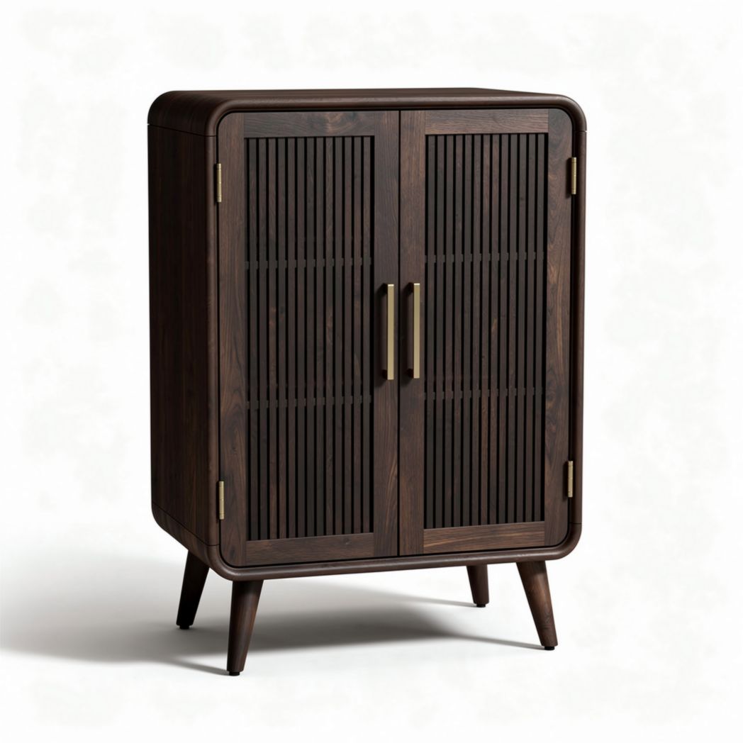 Wooden storage cabinet with slatted doors and tapered legs in dark brown 80 x 40 x 100cm