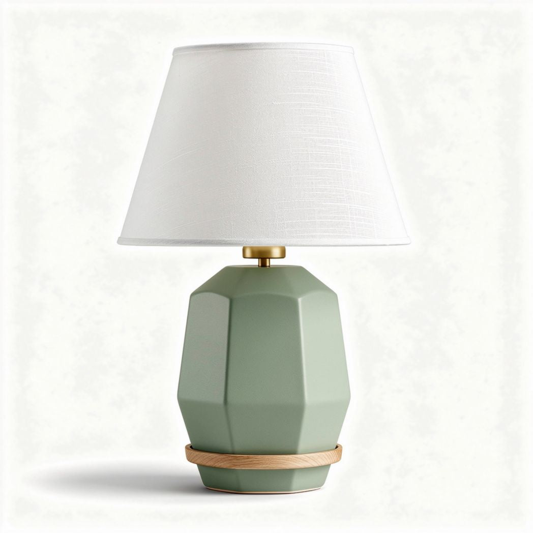Table lamp in green ceramic with fabric shade and wooden base 22 x 22 x 40cm