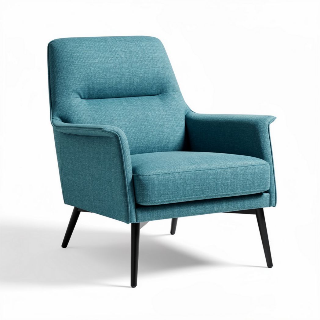 Mid-century modern accent chair upholstered in turquoise fabric with black legs